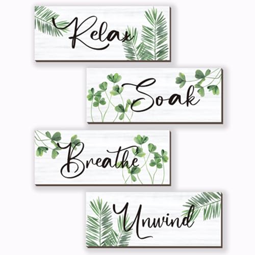 ONIZHITY 4 Pcs Farmhouse Bathroom Wall Decors Relax Soak Unwind Breathe Wooden Word Sign Green Hanging Wall Art Rustic Office Wall Decor for Bedroom Living Room Vintage Decorations(Green Leaves 10X4 Inch) - Image 1