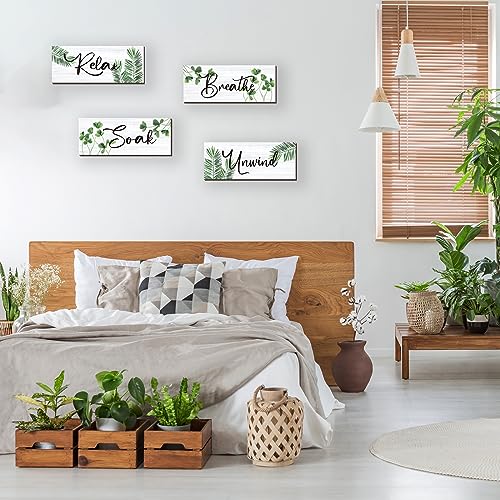 ONIZHITY 4 Pcs Farmhouse Bathroom Wall Decors Relax Soak Unwind Breathe Wooden Word Sign Green Hanging Wall Art Rustic Office Wall Decor for Bedroom Living Room Vintage Decorations(Green Leaves 10X4 Inch) - Image 2