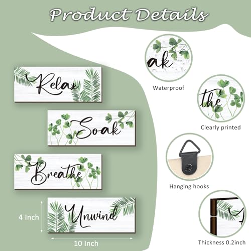 ONIZHITY 4 Pcs Farmhouse Bathroom Wall Decors Relax Soak Unwind Breathe Wooden Word Sign Green Hanging Wall Art Rustic Office Wall Decor for Bedroom Living Room Vintage Decorations(Green Leaves 10X4 Inch) - Image 4