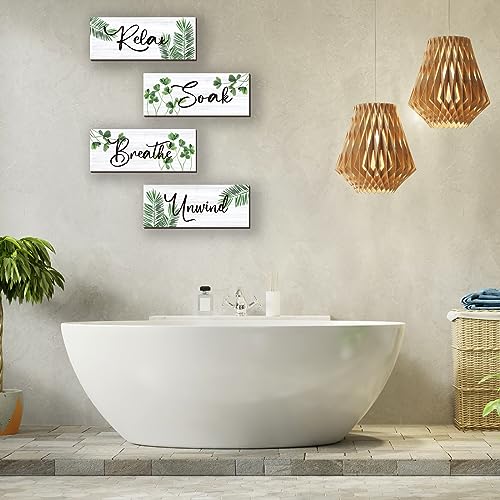 ONIZHITY 4 Pcs Farmhouse Bathroom Wall Decors Relax Soak Unwind Breathe Wooden Word Sign Green Hanging Wall Art Rustic Office Wall Decor for Bedroom Living Room Vintage Decorations(Green Leaves 10X4 Inch) - Image 3