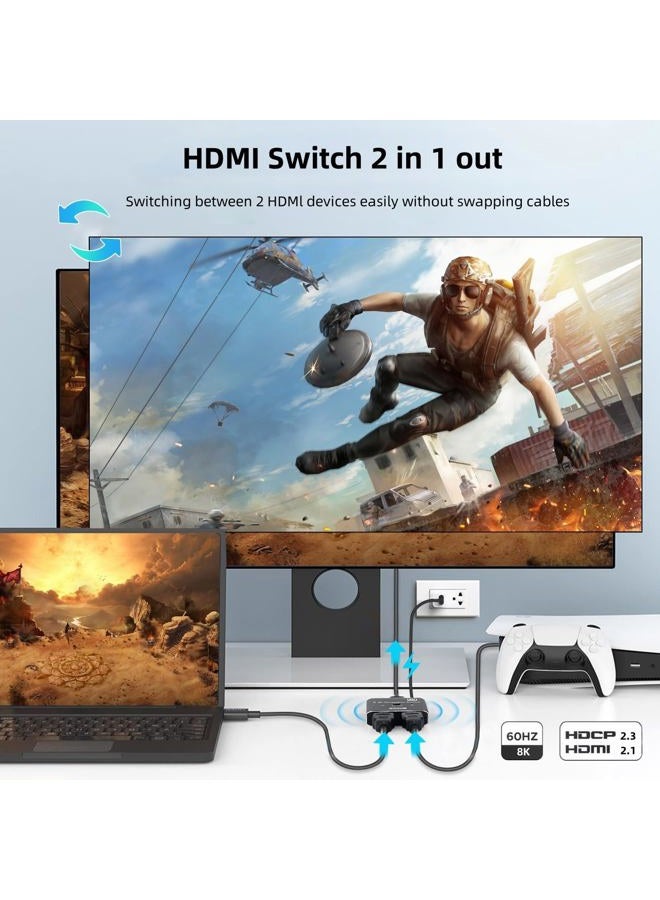 XinYaa HDMI 2.1 Switch, Ultra HD 8K HDMI Switcher Splitter 2 in 1 Out, Bi-Directional HDMI Switcher Supports 4K@120Hz, 8K@60Hz, Aluminum HDM I Switch for PS5/4, b0x, Roku, Fire Stick - Image 3