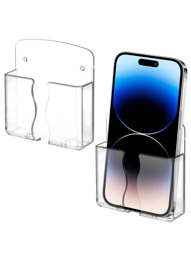 FLYROAD 2 Pcs Wall Mounted Phone Holder, Acrylic Clear Phone Stand with Transparent Tapes, Self Adhesive Phone Cradle Cell Phone Wall Holder with Charging Hole Compatible with Most Cell Phone - Image 1