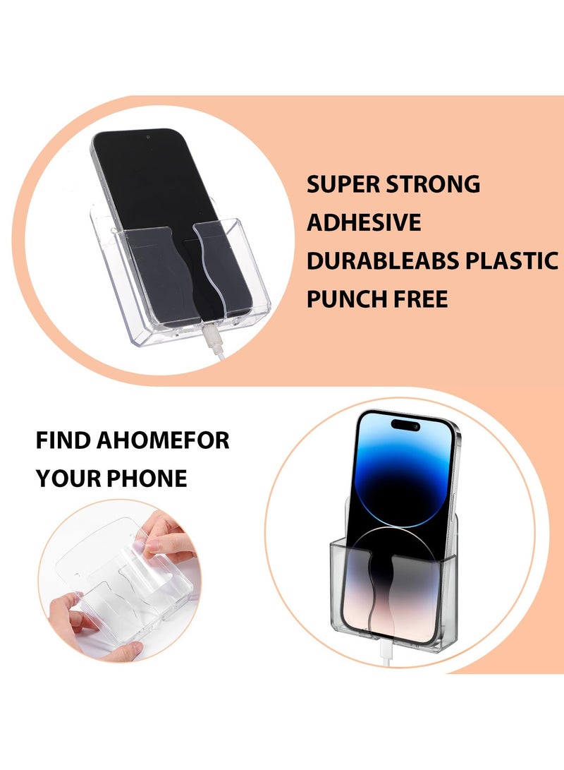 FLYROAD 2 Pcs Wall Mounted Phone Holder, Acrylic Clear Phone Stand with Transparent Tapes, Self Adhesive Phone Cradle Cell Phone Wall Holder with Charging Hole Compatible with Most Cell Phone - Image 5