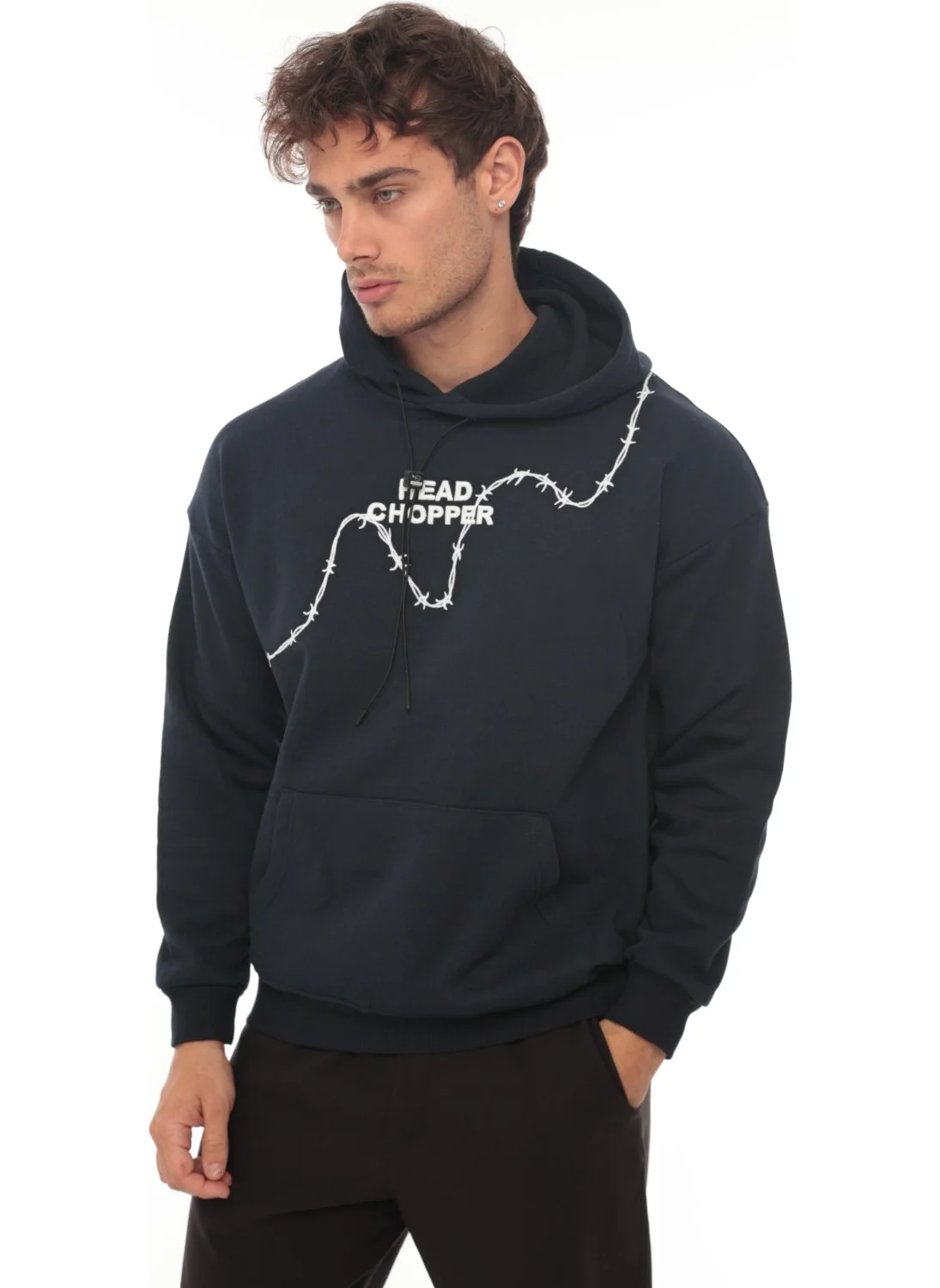 Miron Navy Blue Three Thread Head Chopper Embroidered Oversize Hooded Sweatshirt - 2319