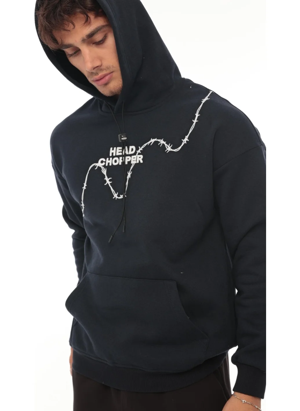 Miron Navy Blue Three Thread Head Chopper Embroidered Oversize Hooded Sweatshirt - 2319