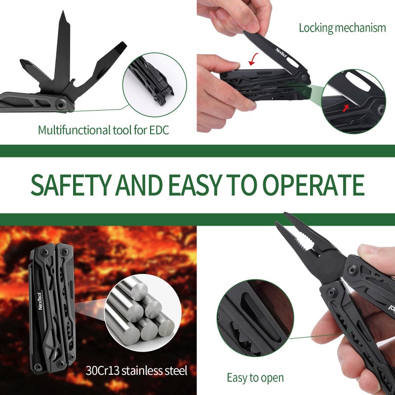 NexTool Multitool, 11 in 1 Multi Tool with Needle Nose Pliers, Scissors and Screwdriver Bits, Stainless Steel Multi Tool Pocket Knife with Safety Locking for Camping,Fishing,Hiking, Mens Gifts Unique - Image 4