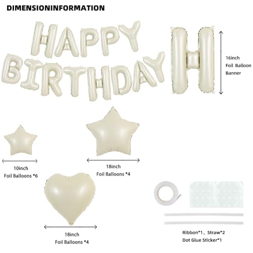 TONIFUL 31PCS Cream White Happy Birthday Decorations 16 Inch Happy Birthday Balloon Banner with Star Heart Balloons Mylar Foil Birthday Party Decorations Supplies for Men Women Adults Girls Boys Kids - Image 3