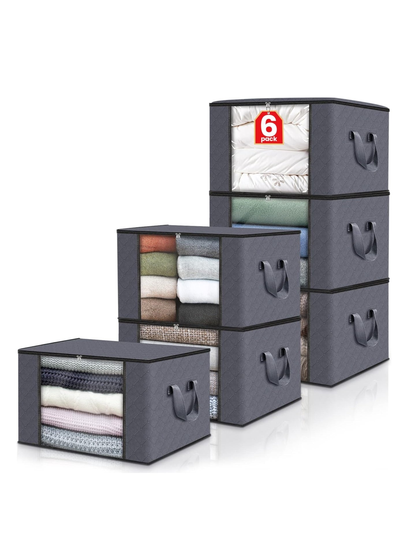 6 Pack Clothes Storage, Foldable Blanket Storage Bags, Storage Containers For Organizing Bedroom, Closet, Clothing, Comforter, Organization And Storage With Lids And Handle(Grey)