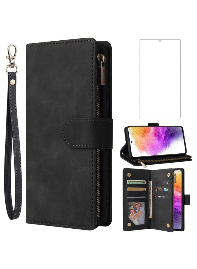 Asuwish Compatible with Samsung Galaxy A73 5G 2022 Wallet Case Tempered Glass Screen Protector and Flip Cover Card Holder Cell Accessories Phone Cases for Gaxaly A 73 G5 Gaxaly 73A S73 Women Men Black - Image 1