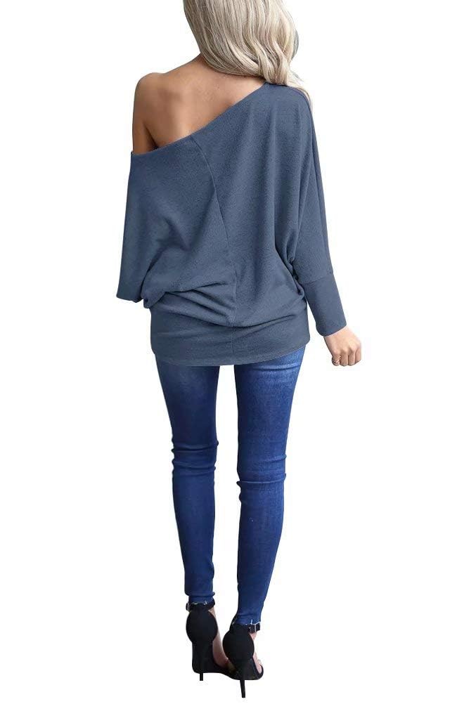Lacozy Long Sleeve Oversized Shirts for Women Off The Shoulder Sweatshirt Loose Tunic Tops 2025 Grey Blue S - Image 4