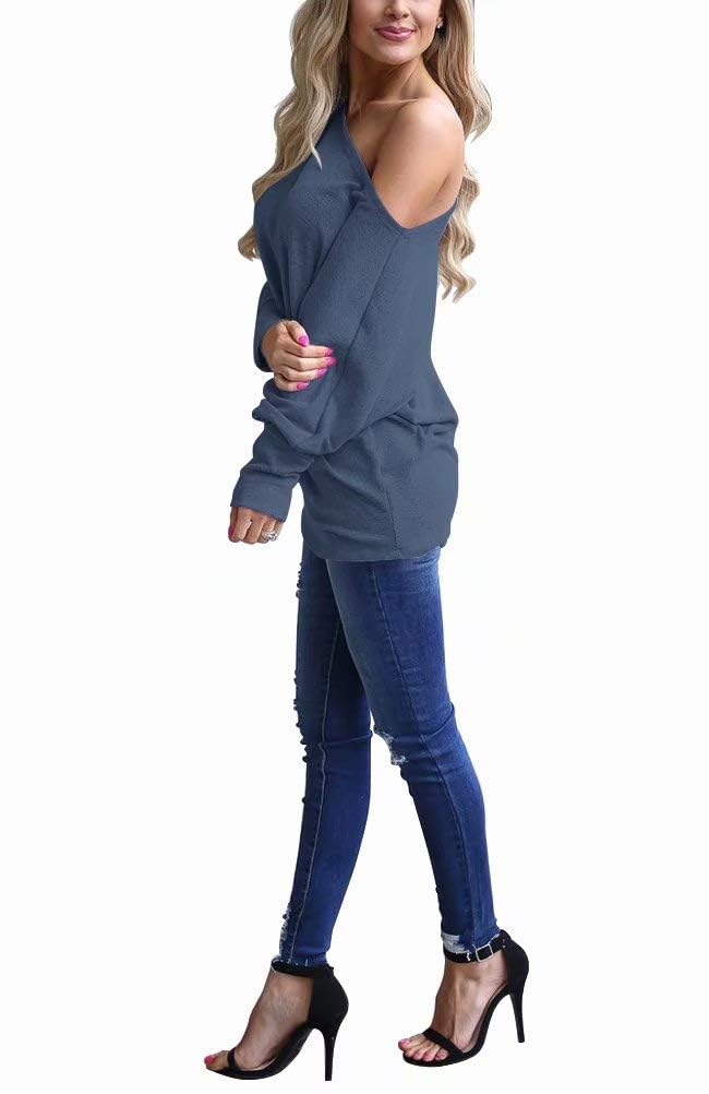Lacozy Long Sleeve Oversized Shirts for Women Off The Shoulder Sweatshirt Loose Tunic Tops 2025 Grey Blue S - Image 3