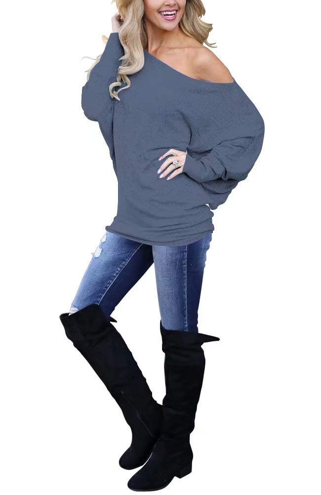 Lacozy Long Sleeve Oversized Shirts for Women Off The Shoulder Sweatshirt Loose Tunic Tops 2025 Grey Blue S - Image 2