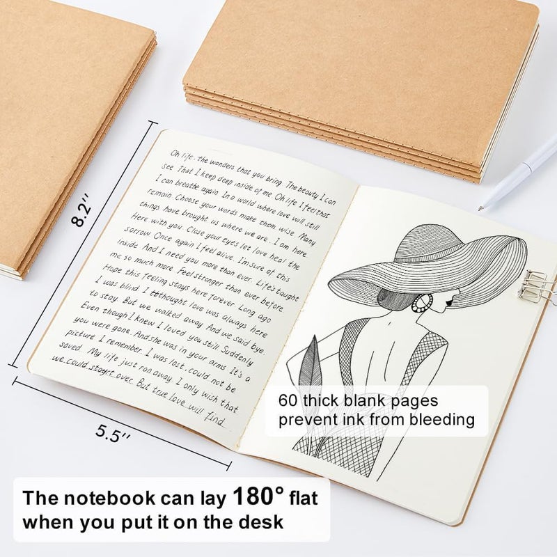 feela 8 Pack Unlined Kraft Paper Notebooks, Blank Journal Note Pad for Drawing Writing, Small Sketchbook Travel Journal Bulk for Women Kids Students Office School Supplies, A5, 60 Pages, 8.3â€ X 5.5â€ - Image 2