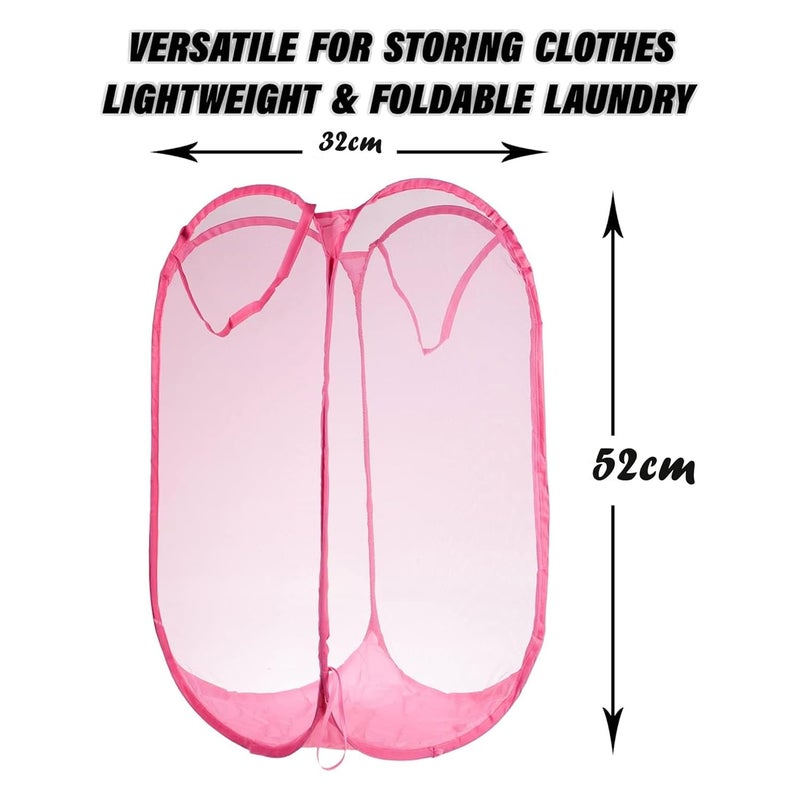 Kuber Industries Pack of 9 Unwashed Clothes Storage Basket | Foldable Laundry Basket for Clothes | Mesh Laundry Bag | Collapsible & Portable | 20 LTR | Pink - Image 5