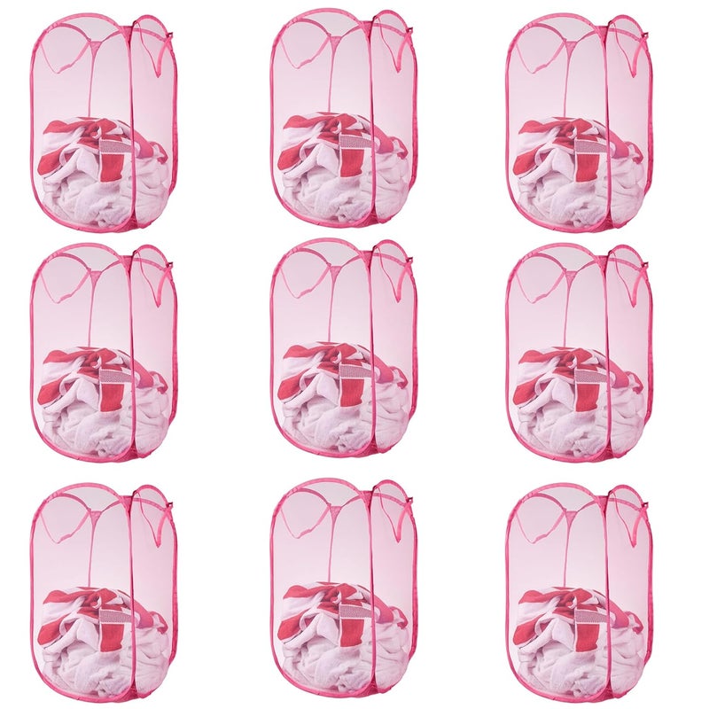 Kuber Industries Pack of 9 Unwashed Clothes Storage Basket | Foldable Laundry Basket for Clothes | Mesh Laundry Bag | Collapsible & Portable | 20 LTR | Pink - Image 1