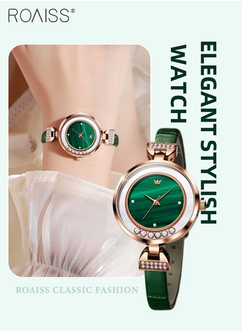 Women's Leather Strap Quartz Watch, Analog Display Round Green Dial with 6 Flowing Zirconium Diamonds, Waterproof Retro Wristwatch as Gift for Ladies