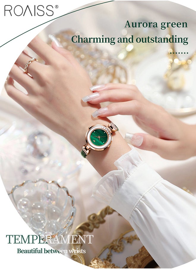 Women's Leather Strap Quartz Watch, Analog Display Round Green Dial with 6 Flowing Zirconium Diamonds, Waterproof Retro Wristwatch as Gift for Ladies
