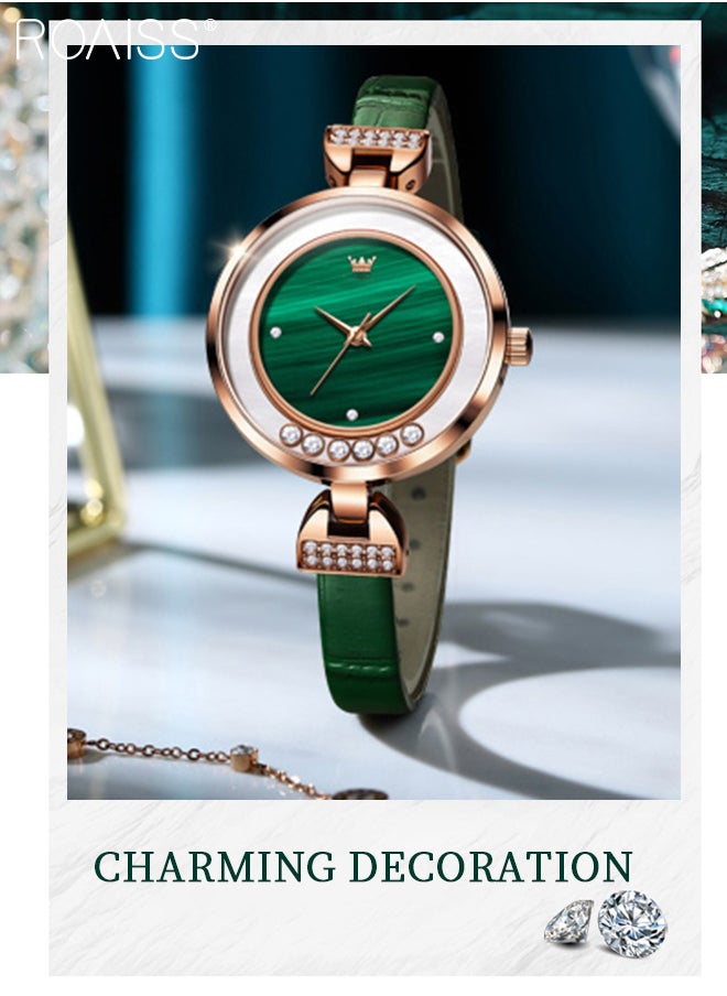 Women's Leather Strap Quartz Watch, Analog Display Round Green Dial with 6 Flowing Zirconium Diamonds, Waterproof Retro Wristwatch as Gift for Ladies