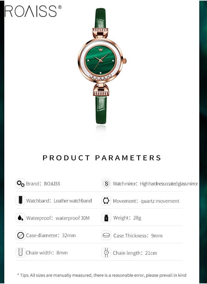 Women's Leather Strap Quartz Watch, Analog Display Round Green Dial with 6 Flowing Zirconium Diamonds, Waterproof Retro Wristwatch as Gift for Ladies