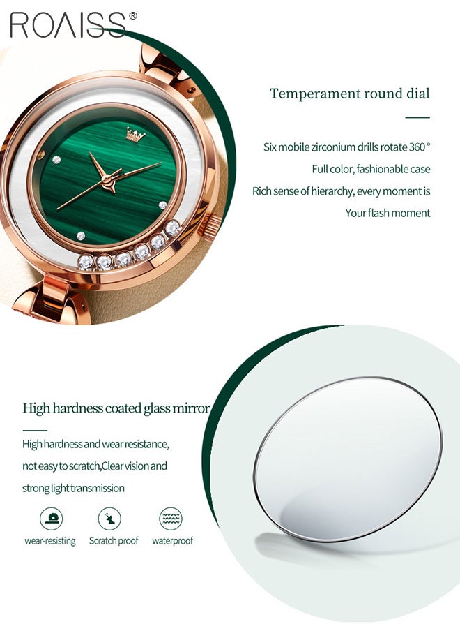 Women's Leather Strap Quartz Watch, Analog Display Round Green Dial with 6 Flowing Zirconium Diamonds, Waterproof Retro Wristwatch as Gift for Ladies
