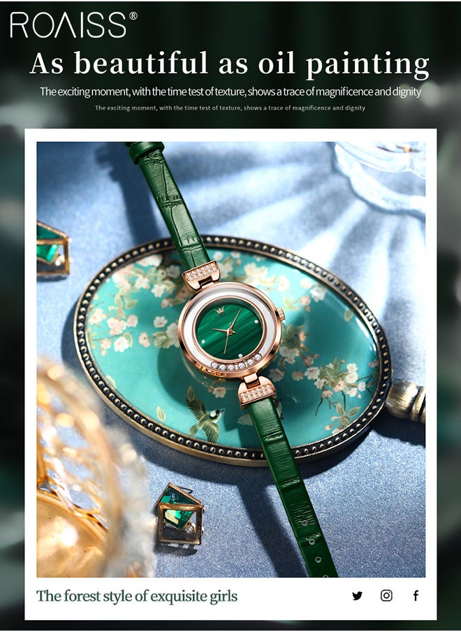 Women's Leather Strap Quartz Watch, Analog Display Round Green Dial with 6 Flowing Zirconium Diamonds, Waterproof Retro Wristwatch as Gift for Ladies