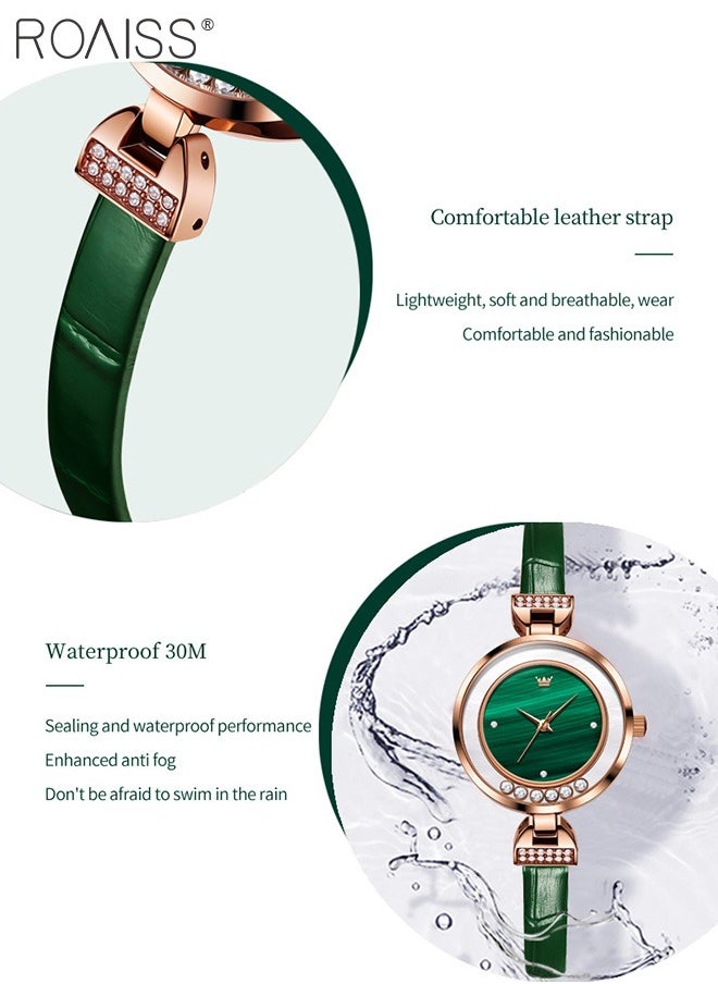 Women's Leather Strap Quartz Watch, Analog Display Round Green Dial with 6 Flowing Zirconium Diamonds, Waterproof Retro Wristwatch as Gift for Ladies