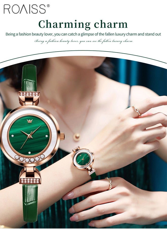 Women's Leather Strap Quartz Watch, Analog Display Round Green Dial with 6 Flowing Zirconium Diamonds, Waterproof Retro Wristwatch as Gift for Ladies