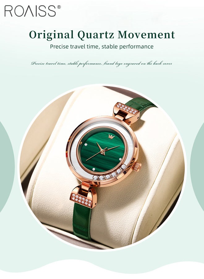 Women's Leather Strap Quartz Watch, Analog Display Round Green Dial with 6 Flowing Zirconium Diamonds, Waterproof Retro Wristwatch as Gift for Ladies