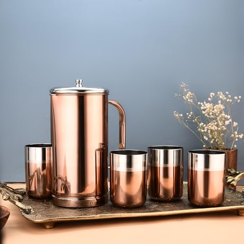 FNS Rose Gold Stainless Steel Glory Water Pitcher with lid and Glass Set of 1 Pitcher and 4 Glasses (1.5 LTR) - Image 1