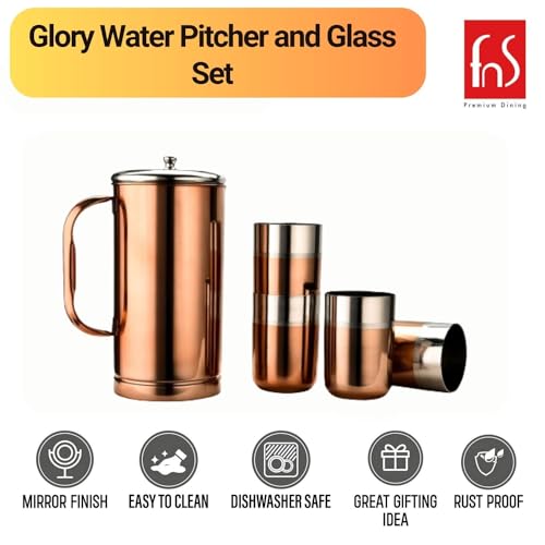 FNS Rose Gold Stainless Steel Glory Water Pitcher with lid and Glass Set of 1 Pitcher and 4 Glasses (1.5 LTR) - Image 2