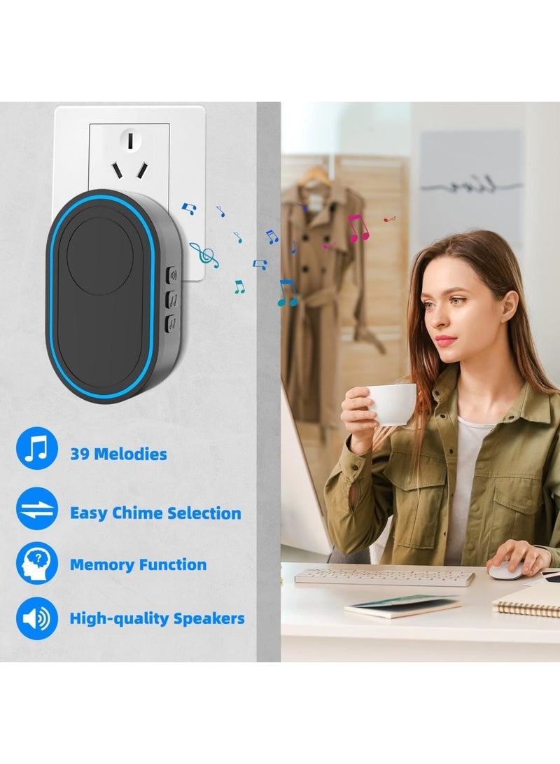 SYOSI Wireless Doorbell, IP65 Waterproof Ring Doorbell with 39 Chimes, 5 Level Adjustable Volume, LED Flash, 150m Range Cordless Battery Operated Door Chime Kit Easy Install for Home School Office, Black - Image 4