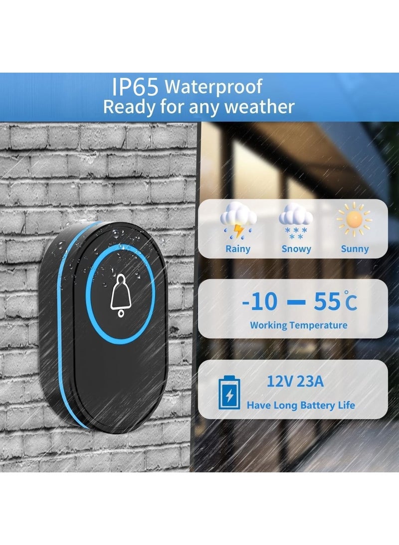 SYOSI Wireless Doorbell, IP65 Waterproof Ring Doorbell with 39 Chimes, 5 Level Adjustable Volume, LED Flash, 150m Range Cordless Battery Operated Door Chime Kit Easy Install for Home School Office, Black - Image 2