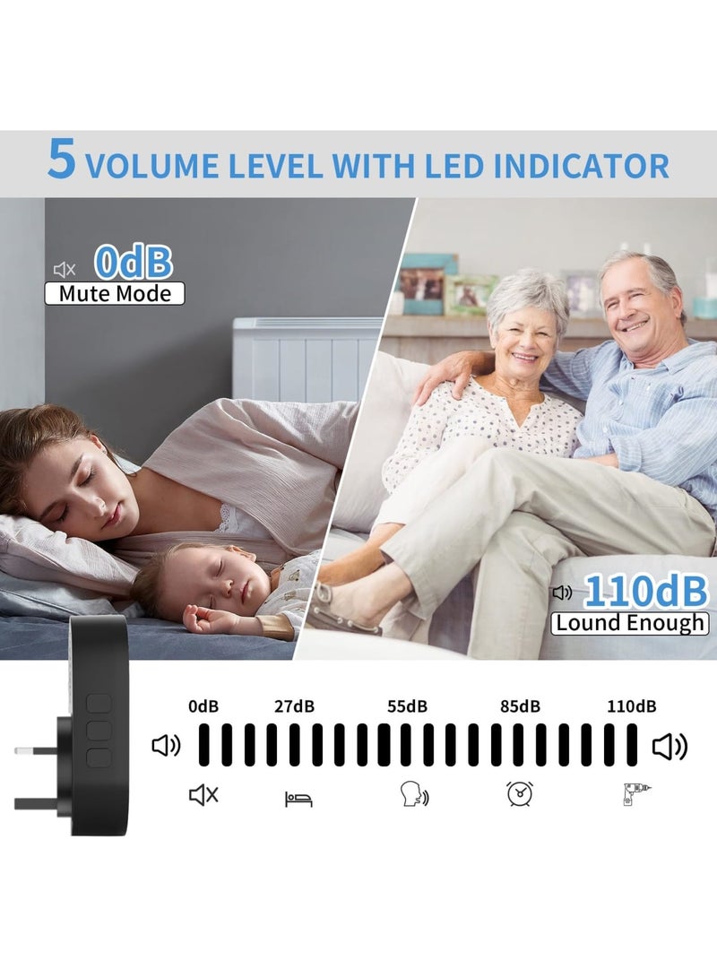 SYOSI Wireless Doorbell, IP65 Waterproof Ring Doorbell with 39 Chimes, 5 Level Adjustable Volume, LED Flash, 150m Range Cordless Battery Operated Door Chime Kit Easy Install for Home School Office, Black - Image 5