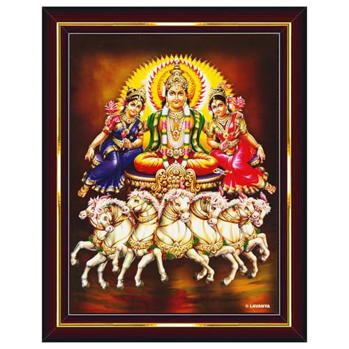 Pavan Photo Laminations Lord Surya Dev Bhagavan Bhagwan with 7 Horses Wall Painting Framed Home Decor (Wood,Acrylic,Brown,Big Size,10x12 Inch) B875M - Image 1