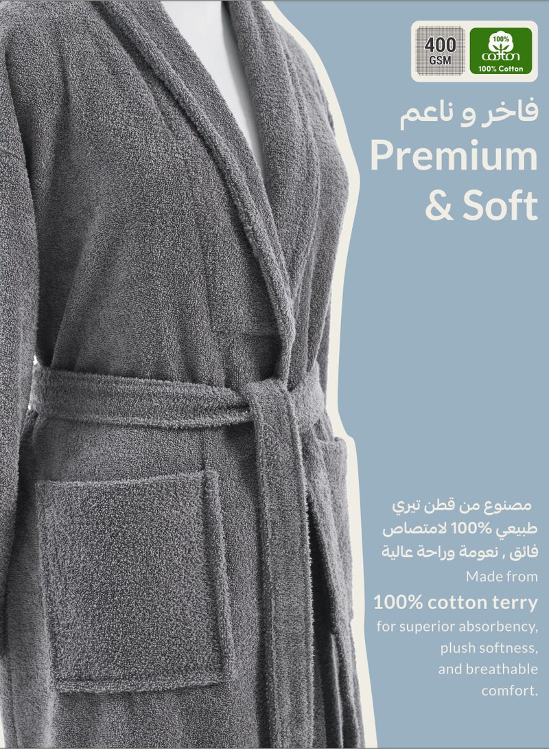 روب حمام قطن تيري للجنسين مقاس كبير وفوق كبير،  جرام لكل متر مربع، فاخر وماص، بطول الكاحل بياقة شال وجيوب
