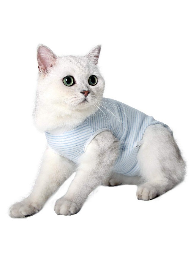 oUUoNNo oUUoNNo Cat Wound Surgery Recovery Suit for Abdominal Wounds or Skin Diseases, After Surgery Wear, Pajama Suit, E-Collar Alternative for Cats (L, Stripe Blue)  - Image 1