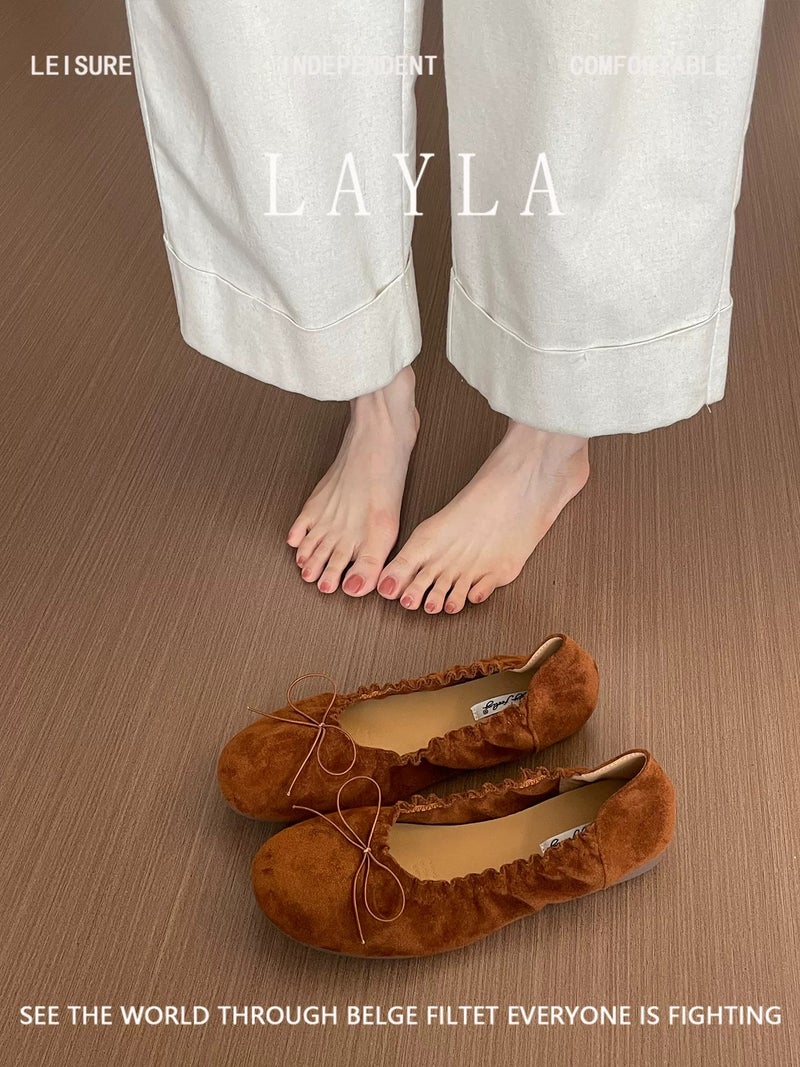 Women's Soft Sole Ballet Flats with Bow - 2026 Spring Autumn New Arrival Suede Round Toe Elegant Versatile Shoes