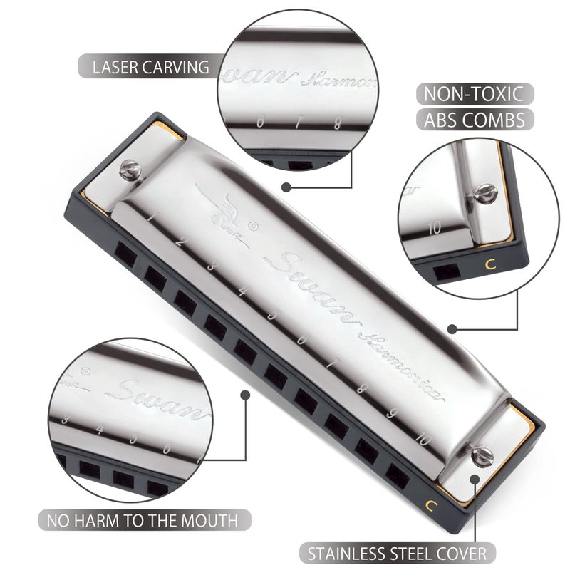 SWAN Blues Harmonica C Key for Kids Adults, 10 Hole Diatonic Harmonica Key of C, Metal Blues Harp for Beginners Students, Mouth Organ in Case, Silver - Image 3