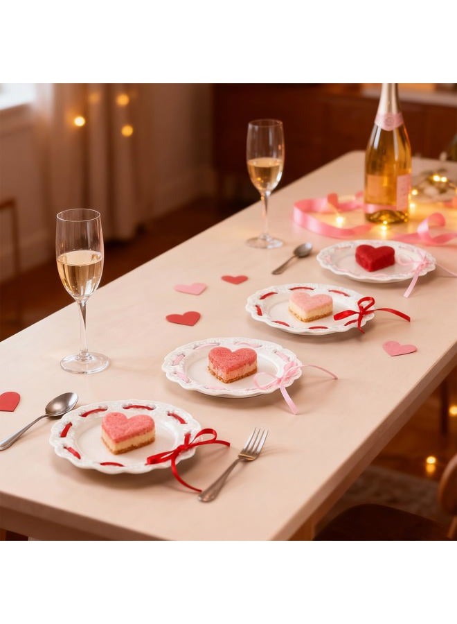 FoldTier 4 Pack Valentine's Day Heart Ceramic Plate 6 Inch White Porcelain Dessert Salad Plate Love Heart Serving Dishes with Ribbon for Valentines Day Wedding Anniversary Party Supplies - Image 3