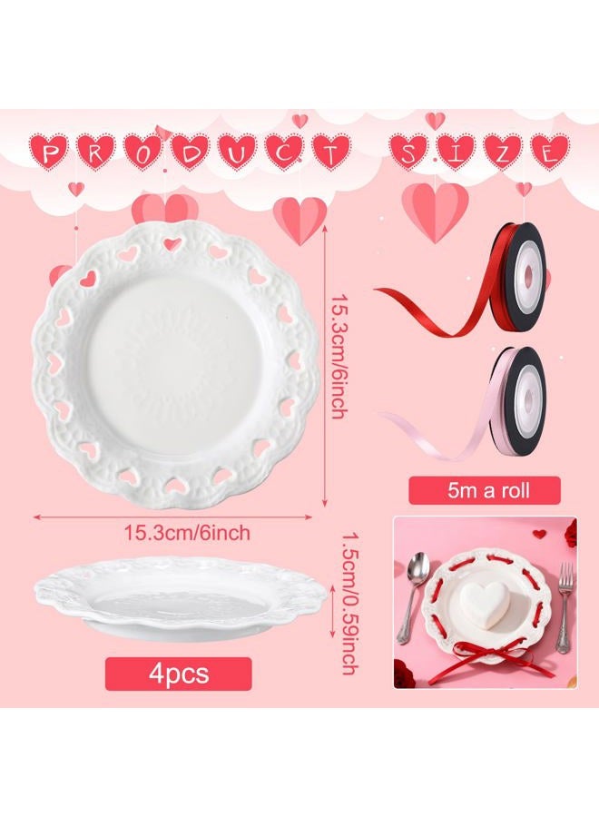 FoldTier 4 Pack Valentine's Day Heart Ceramic Plate 6 Inch White Porcelain Dessert Salad Plate Love Heart Serving Dishes with Ribbon for Valentines Day Wedding Anniversary Party Supplies - Image 2