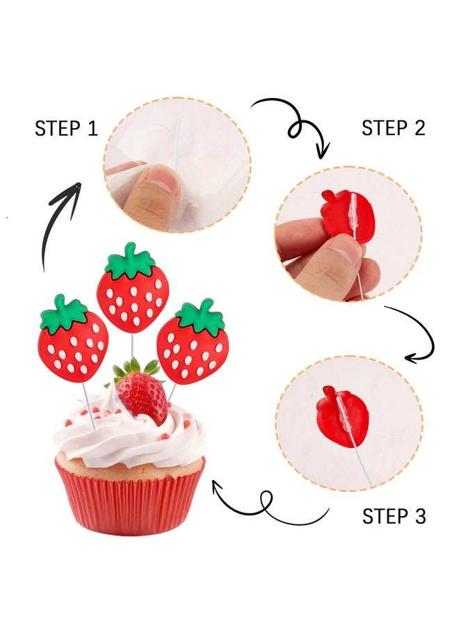 Ephlyn 25Pcs Red Strawberry Cupcake Toppers Strawberry Fruit Party Cupcake Picks for Kids Birthday Wedding Party Baby Shower Summer Garden Party Decoration Supplies - Image 3
