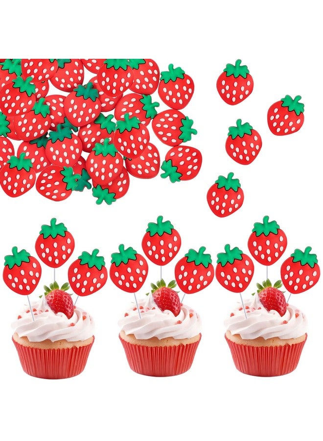 Ephlyn 25Pcs Red Strawberry Cupcake Toppers Strawberry Fruit Party Cupcake Picks for Kids Birthday Wedding Party Baby Shower Summer Garden Party Decoration Supplies - Image 1