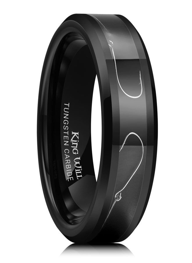 King Will 8mm Black Tungsten Rings, Men's Wedding Rings Fishing Line Inlay Beveled Edge Ring for Men Women, Comfort Fit, Durable, Size 9 - Image 1
