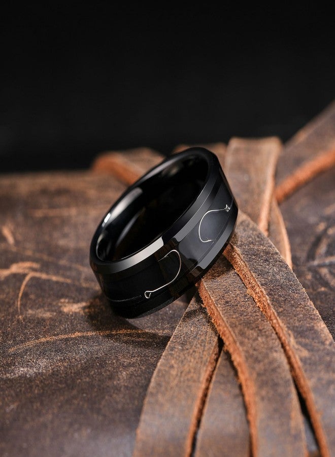King Will 8mm Black Tungsten Rings, Men's Wedding Rings Fishing Line Inlay Beveled Edge Ring for Men Women, Comfort Fit, Durable, Size 9 - Image 5