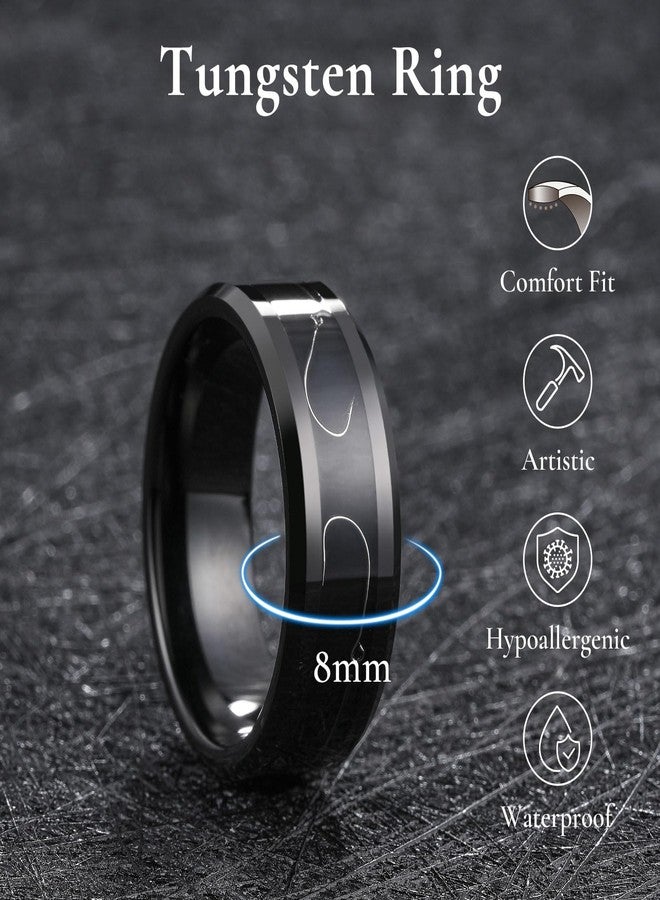 King Will 8mm Black Tungsten Rings, Men's Wedding Rings Fishing Line Inlay Beveled Edge Ring for Men Women, Comfort Fit, Durable, Size 9 - Image 2