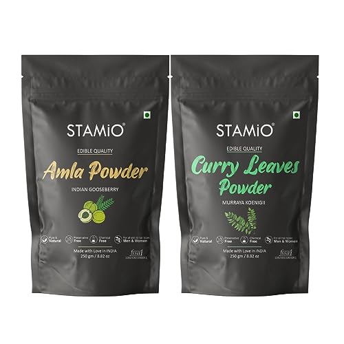 STAMIO Hair Care 2 Products Combo 500 gm - Amla and Curry Leaves Powder for Mask, Pack, Anti-Dandruff, Shine | Natural Powders Kit | In Pouch (250gm X 2) - Image 1
