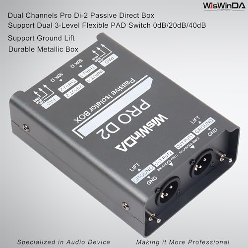 WisWinDa Pro Di-2 Passive Stereo Direct Box With 3-Level PAD Switch Dual Channel XLR Input 1/4” Output Low Distortion Free Phase Distortion for Musical Instruments (Pro Di-2 Gray) - Image 2