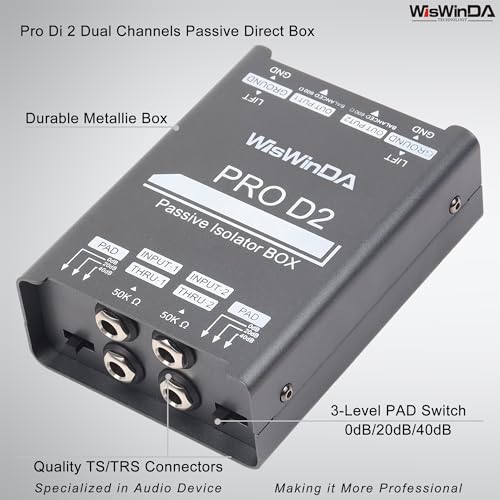 WisWinDa Pro Di-2 Passive Stereo Direct Box With 3-Level PAD Switch Dual Channel XLR Input 1/4” Output Low Distortion Free Phase Distortion for Musical Instruments (Pro Di-2 Gray) - Image 3