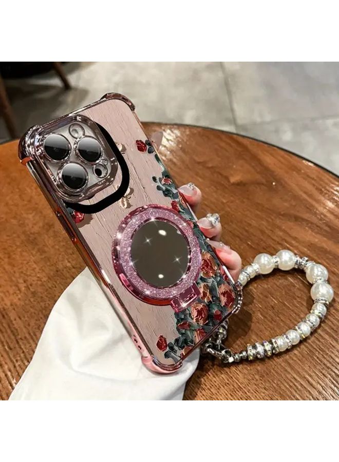 Blue Anti Drop Creative iPhone 16 Case With Pearl Bracelet Strap Protective Cover And Stand Luxury Full Body Girl Style - Image 1