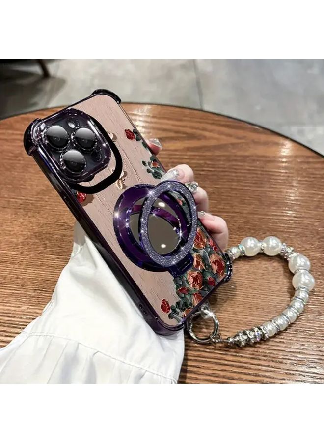 Blue Anti Drop Creative iPhone 16 Case With Pearl Bracelet Strap Protective Cover And Stand Luxury Full Body Girl Style - Image 2